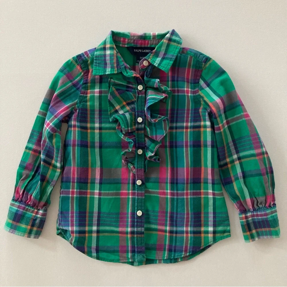 Ralph Lauren 3T Green Pink Plaid Ruffle Shirt